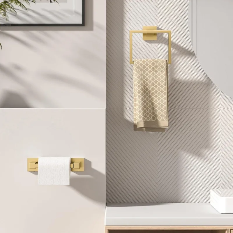 

Wall Mount Toilet Paper Holder and Towel Ring Set SUS 304 Stainless Steel Brushed Gold Bathroom Hardware
