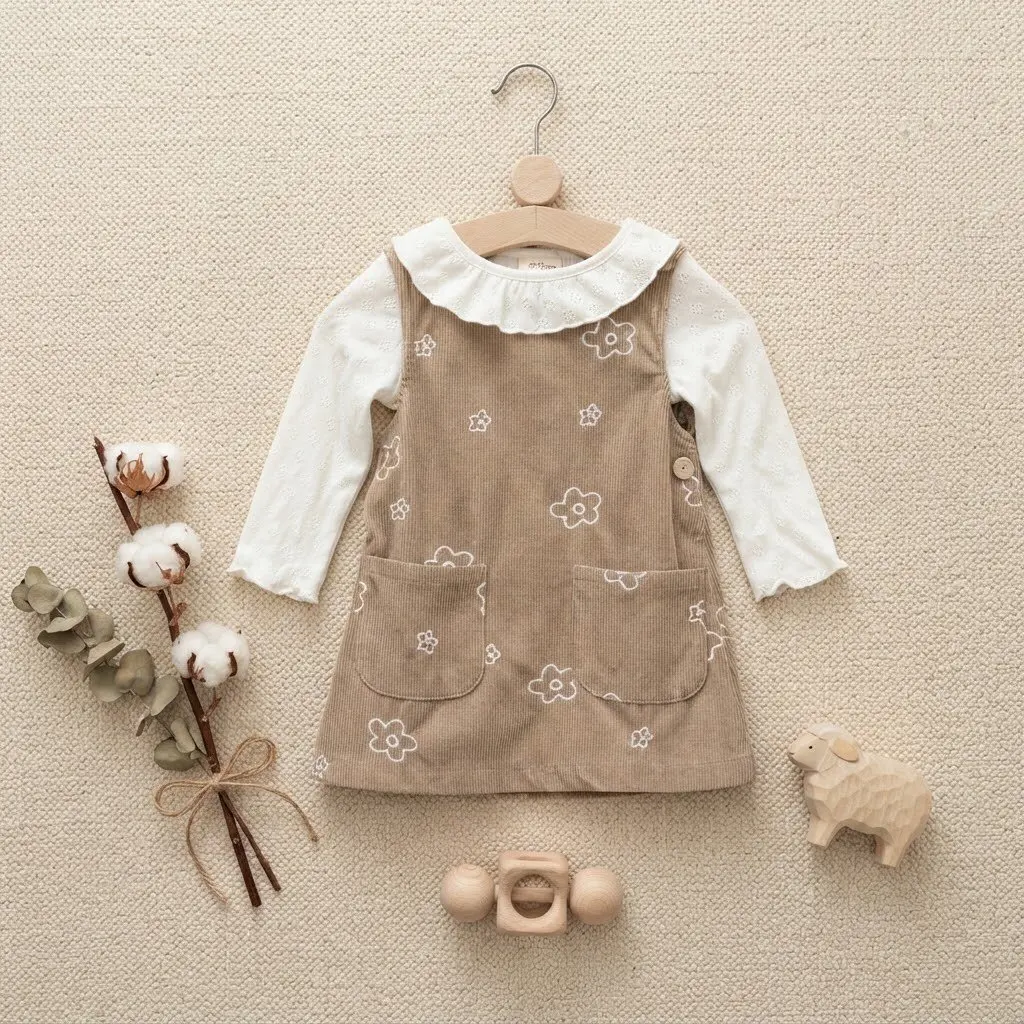 Braunes Cord-Kinderkleid für Mädchen, weißes, ärmelloses Strickkleid mit Blumenstickerei und Taschen – Detail 3