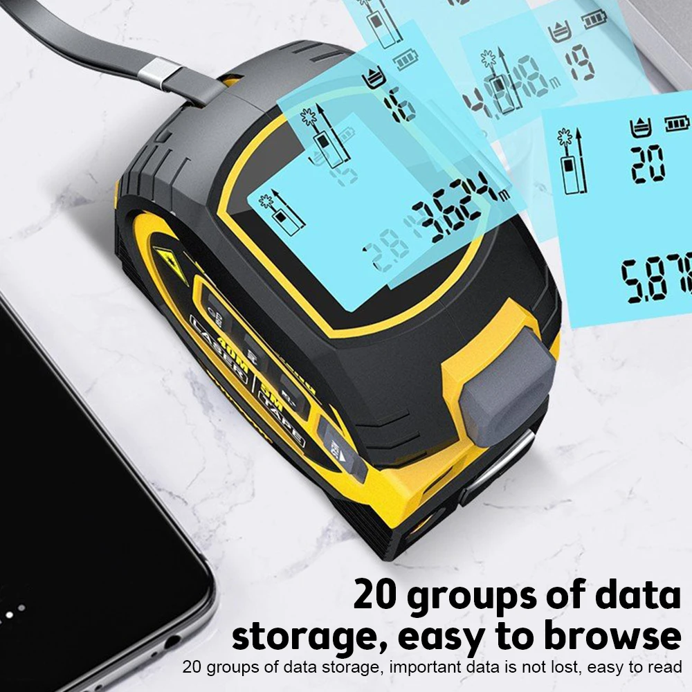 Laser Distance Measuring Instrument Intelligent Tape Measure 20 Sets Of Data Memory ±2mm High Accuracy Laser Distance Measuring