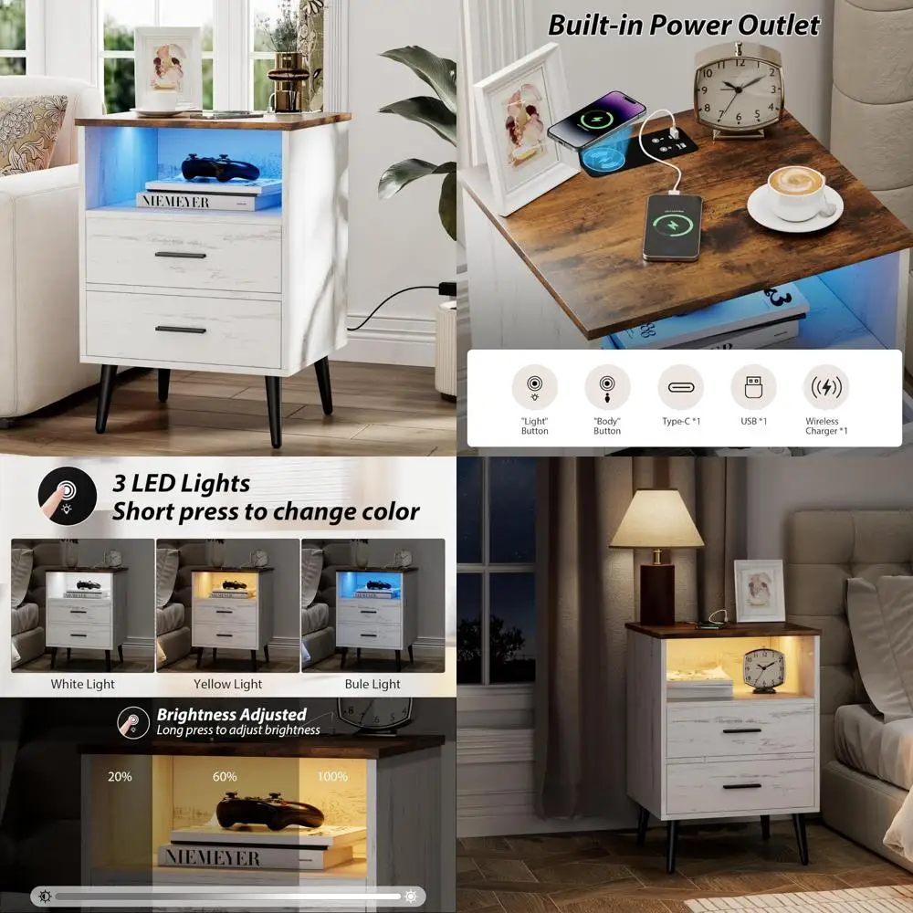 منضدة LED مع قاعدة شحن - طاولة بجانب السرير خشبية ذات درجين للمعيشة المنزلية الذكية