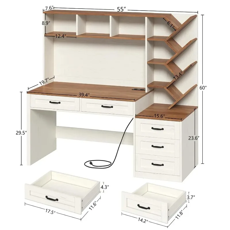 Computer Desk with Hutch & 5 Drawers, Home Office Desk with Storage Shelves and Printer Stand, 55 Inch Modern Study