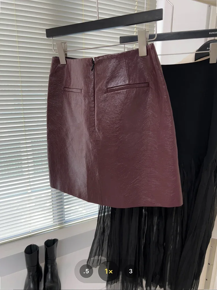 Wine Red Pu Leather Short Skirt Sequined Chic Slim High Waist A Line Wrap Hip Skirt Elegant Temperament Ladies Mini Skirt