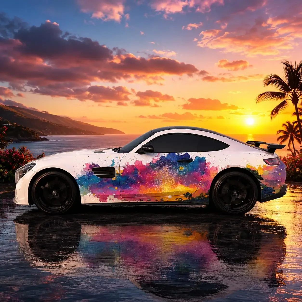 2pcs Colorful Fireworks Watercolor Car Side Graphic Vinyl Wrap