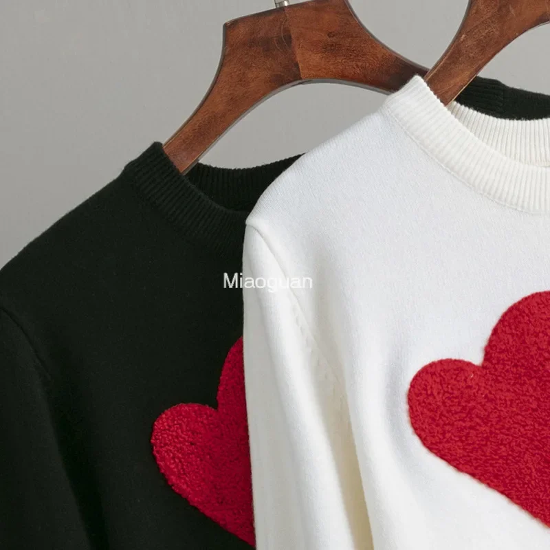 Red Love Heart Flocking Sweater Women O-Neck Fashion Knitted Pullover Long Sleeve Top Black White Spring Autumn Comfortable Lady