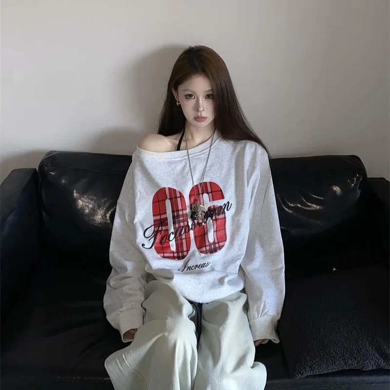 الأمريكية الرجعية الساخن فتاة البلوزات المطبوعة المرأة فضفاضة الكتف عارية رياضي تنوعا نمط جديد منتصف طول كم طويل Str... #3