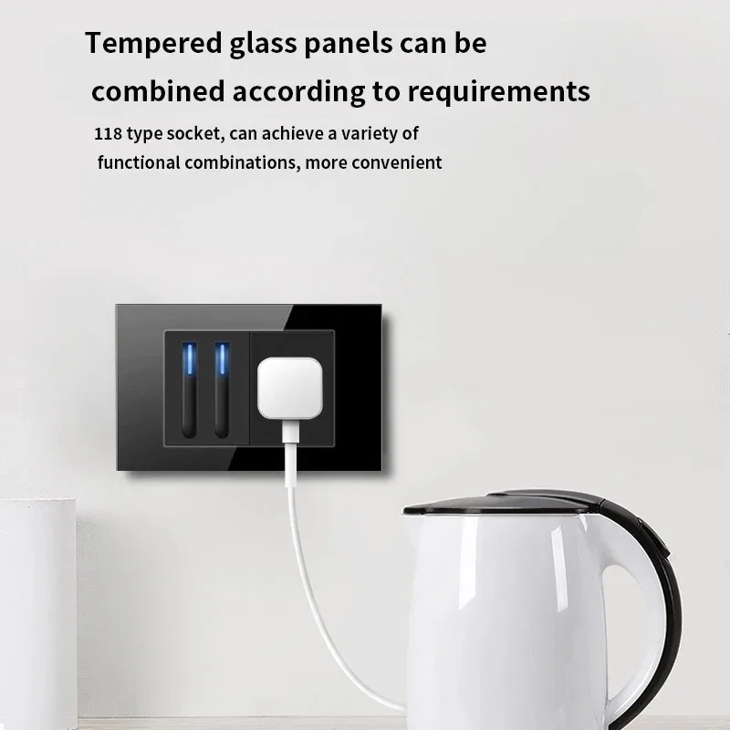 Model 118 Reset Black Glass USA Mexico Thailand Universal Socket Wall Light Button Switch Socket LED Indicator USB Charging