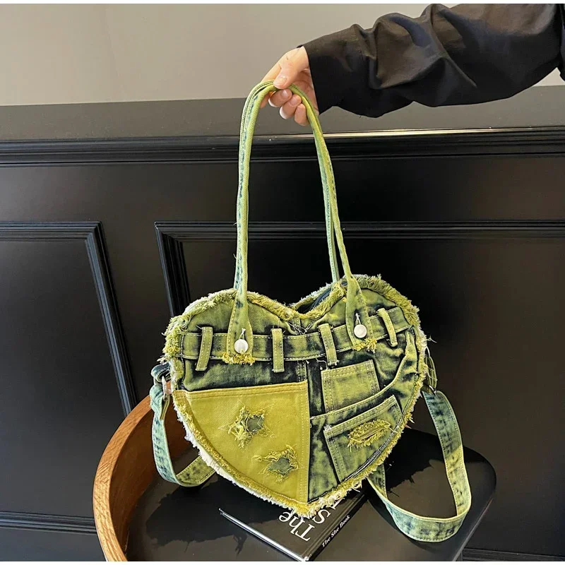 Fashionable Denim Canvas Bag Creative Design Heart-shaped Contrasting Star Pattern Denim Bag New Retro Casual Crossbody Hole Bag