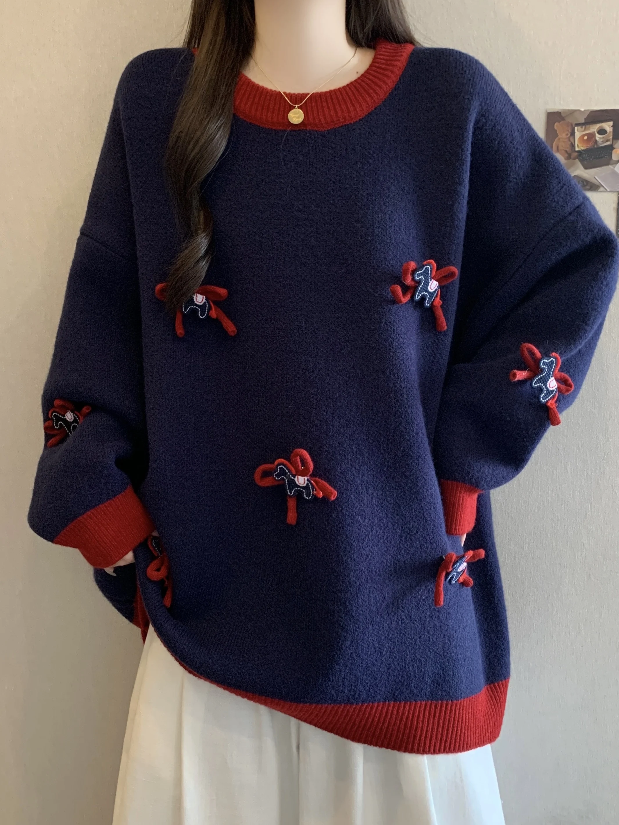 

Loose Long Sve Women's Sweater plus Size Faionable Decorative Design Comfortable Fit Mid-Length Winter Top in k Blue