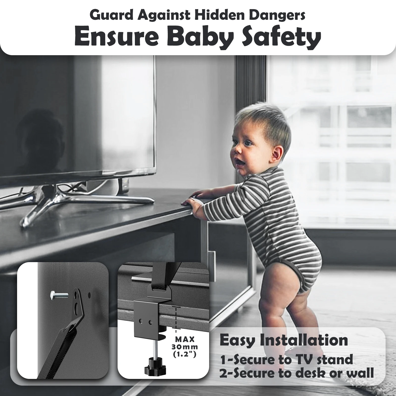 Adjustable TV or Computer Strap: Non drilling adhesive anti tipping furniture safety device, providing stable protection
