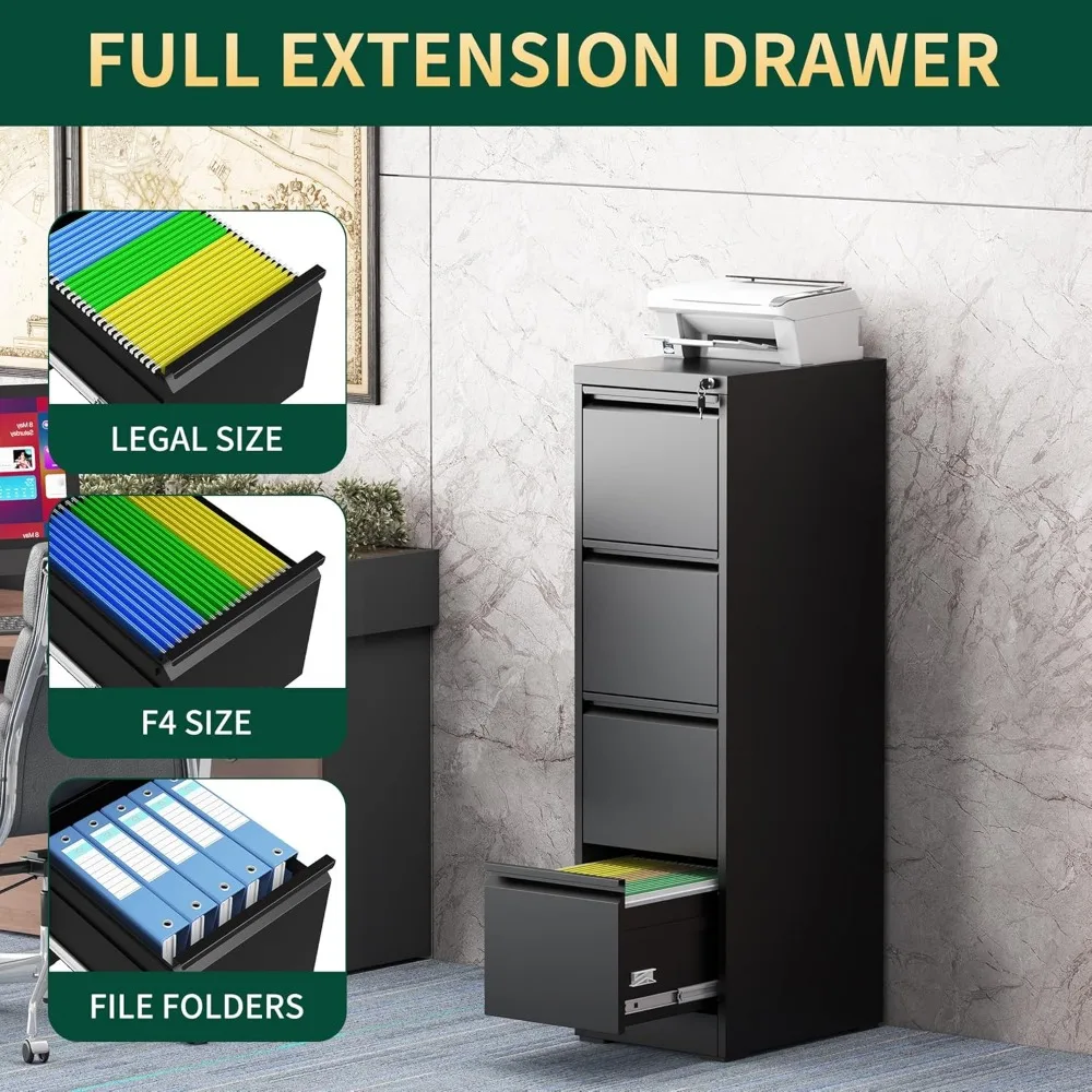 Archivador vertical de acero resistente con cerradura, archivador de 4 cajones para oficina en casa, adecuado para cartas y documentos jurídicos