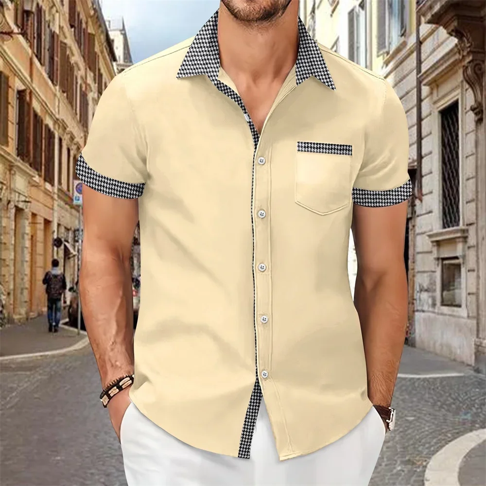 Men\'s Short Sleeve Button Shirt, Short Sleeve, Flip Collar, Casual Hawaiian, Solid Color, Comfortable, Summer, 2024