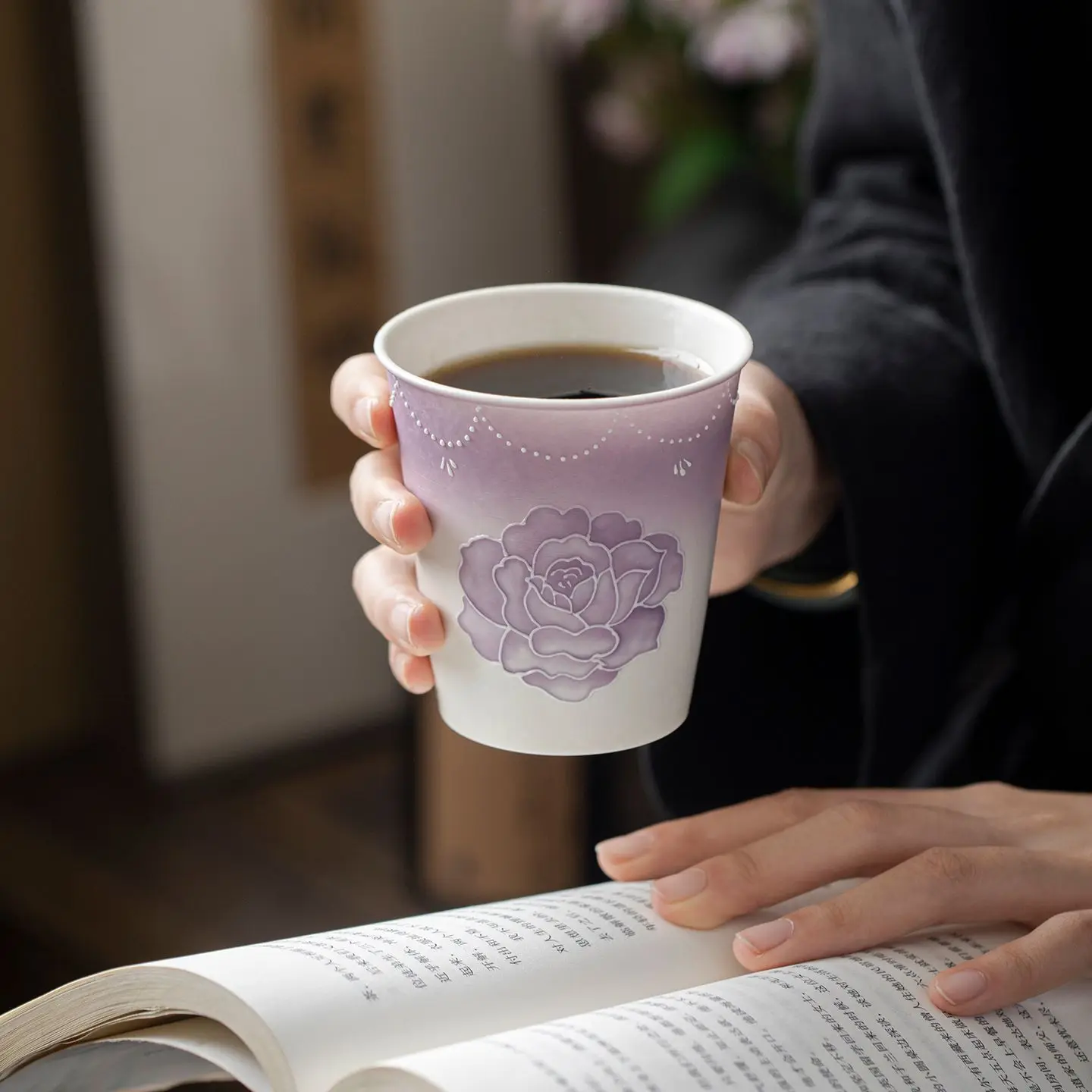 Gradient Purple Color Bead Curtain Rose Underglaze Cup Household High Temperature Ceramic Drinking New Chinese Style Hand Held
