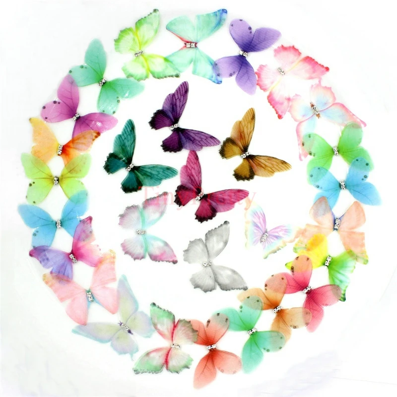 20PCS Printed Organza Butterflies w/ Rhinestone Fairy Wings Appliques Bridal Wedding Hair Accessory DIY Jewelry Making