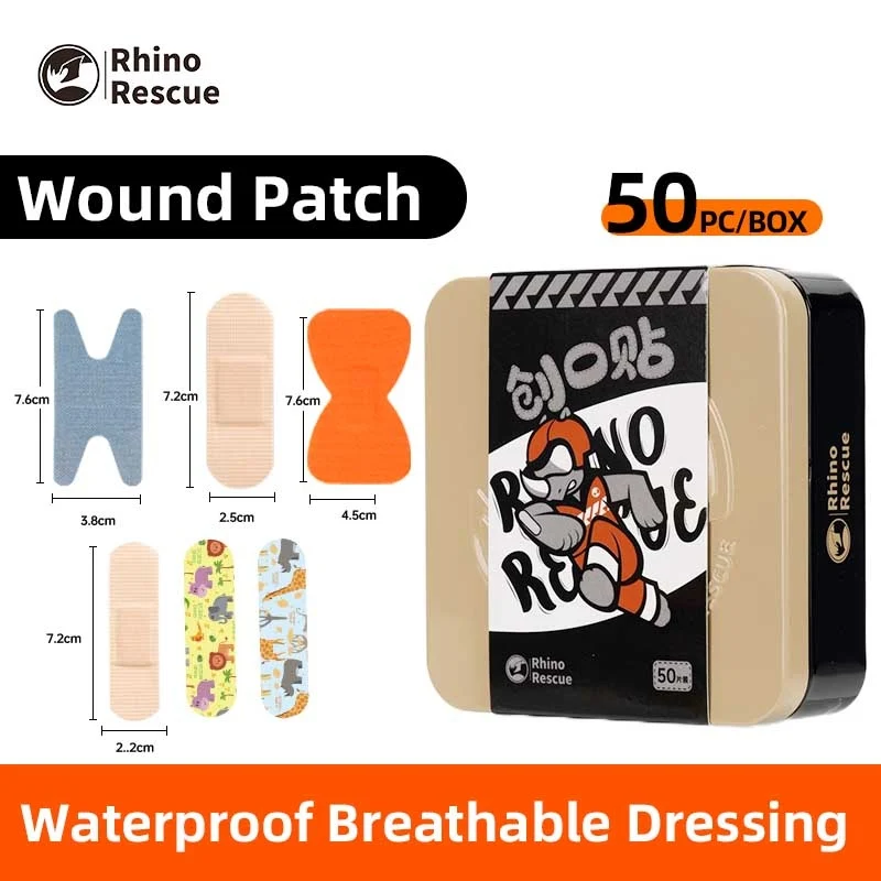 Rhino Rescue Metal Box Assorted Bandages Pack: Children, Fingertip, Waterproof Breathable Adhesive Bulk 50pc/BOX