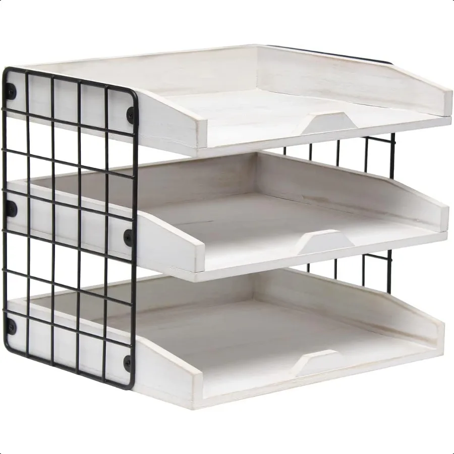 

Elegant Designs HG1022WWH Home Office Wood Desk Organizer Mail Letter Tray with 3 Shees White Wash