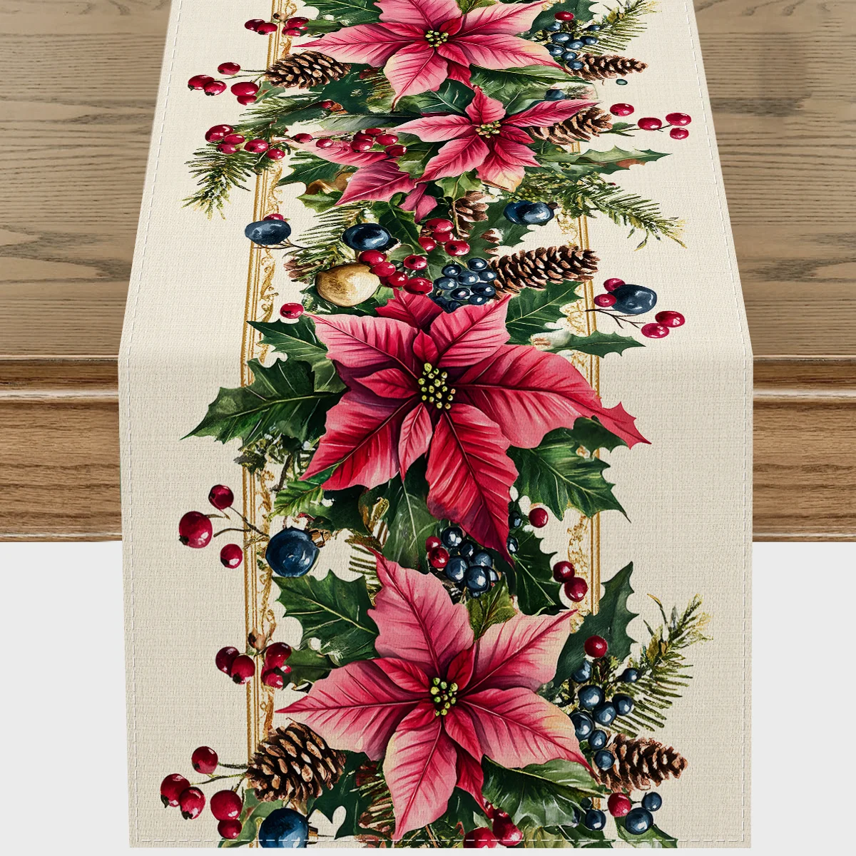 Merry Christmas Poinsettia Holly Berry Linen Table Runner Party Decor Winter Pine Cones Dining Table Runner Christmas Decoration