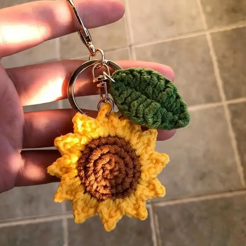Handmade Crochet Sunflower Keychain With Green Leaf Charm For Backpack Decor Daily Use Gift For Sunflower Fans