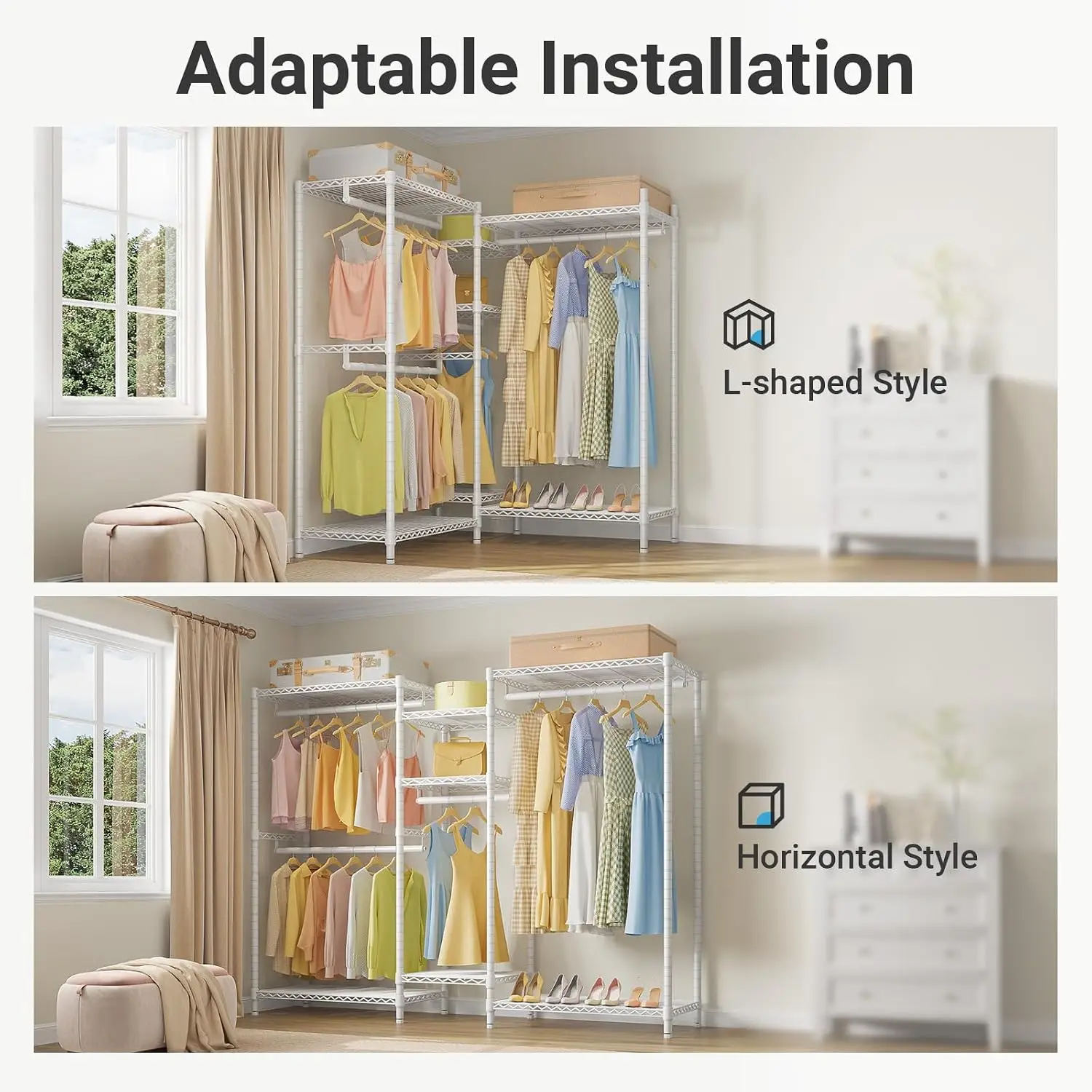L Shape Heavy Duty Clothes Rack 5-Tier with 7 Adjustable Shelves & 4 Hanging Rods, 42.1