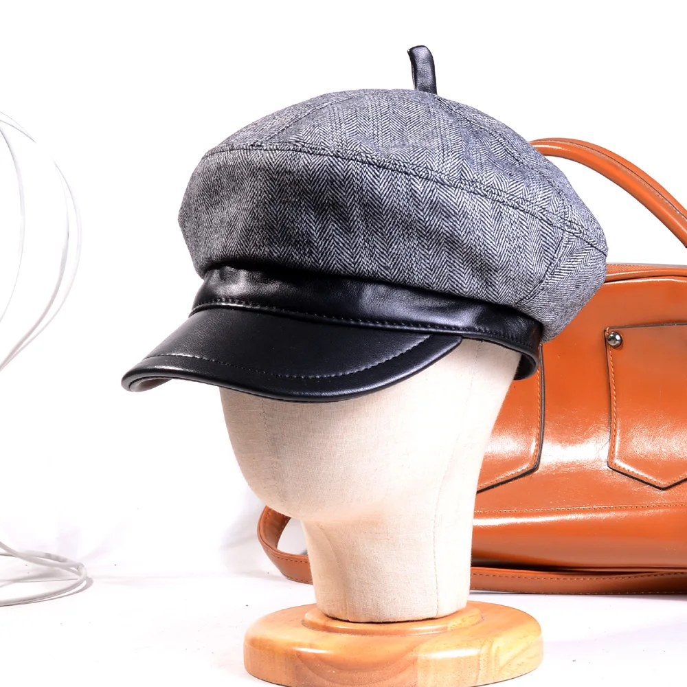 Winter Warm Genuine Leather Woolen Newsboy Beret Cap Unisex Casual Painter Hats for Men And Women