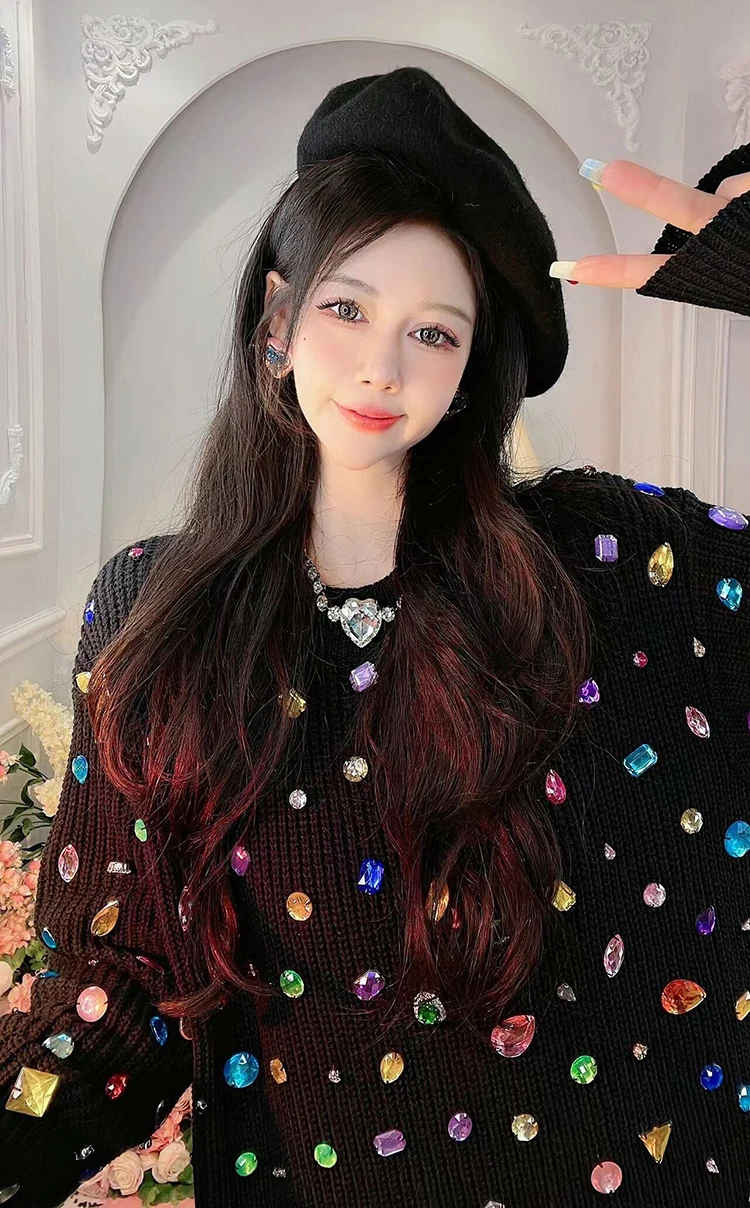 French Heavy Industry Color Diamond Knitted Pullover Loose Oversized Mid-Length Sweater Coat for Women 2022 New Winter Sweater