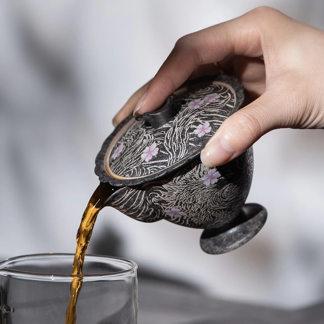 Old Rock Clay Nine-Tailed Fox High Foot Handheld Teapot  Chinese Retro Kung Fu Ceramic Brewing Pot Home Office Gift Box Set