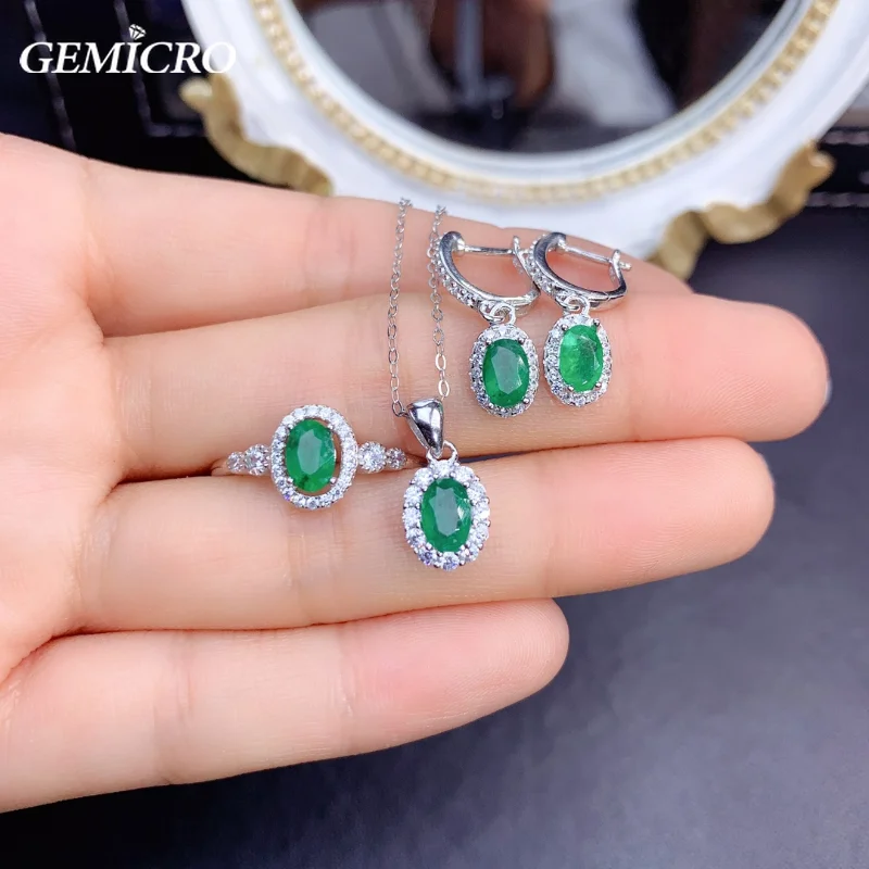 New Classic Natural Emerald Rings, Earring, Pendant Necklace Jewelry Set for Woman Real S925 Silver Wedding Party Gift Female