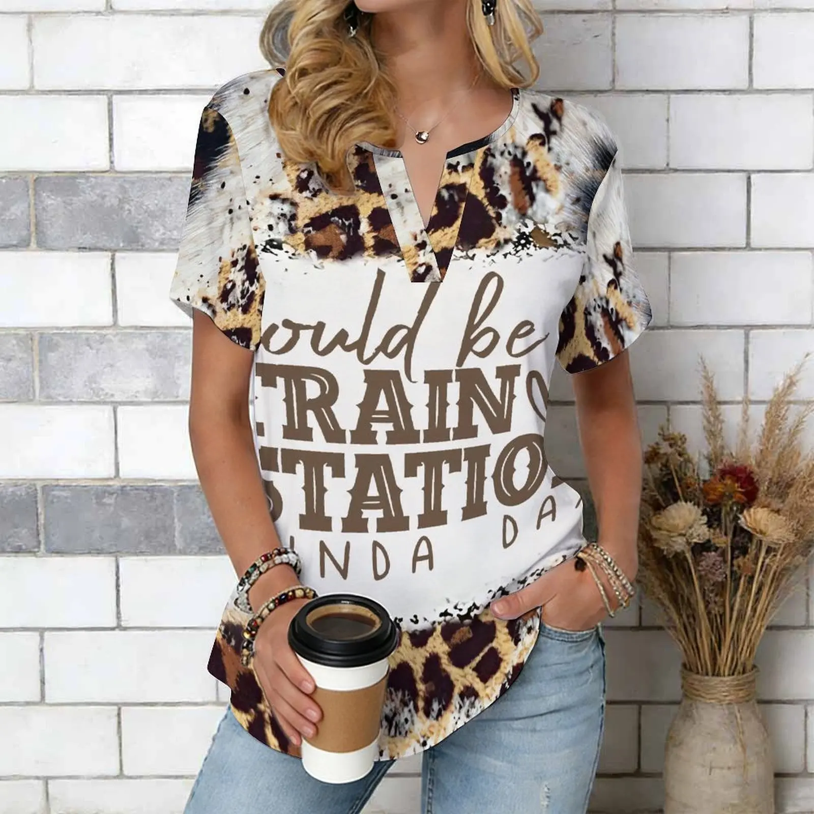 Women Print Notched V Neck Short Sleeve Casual Loose Tunic Tops