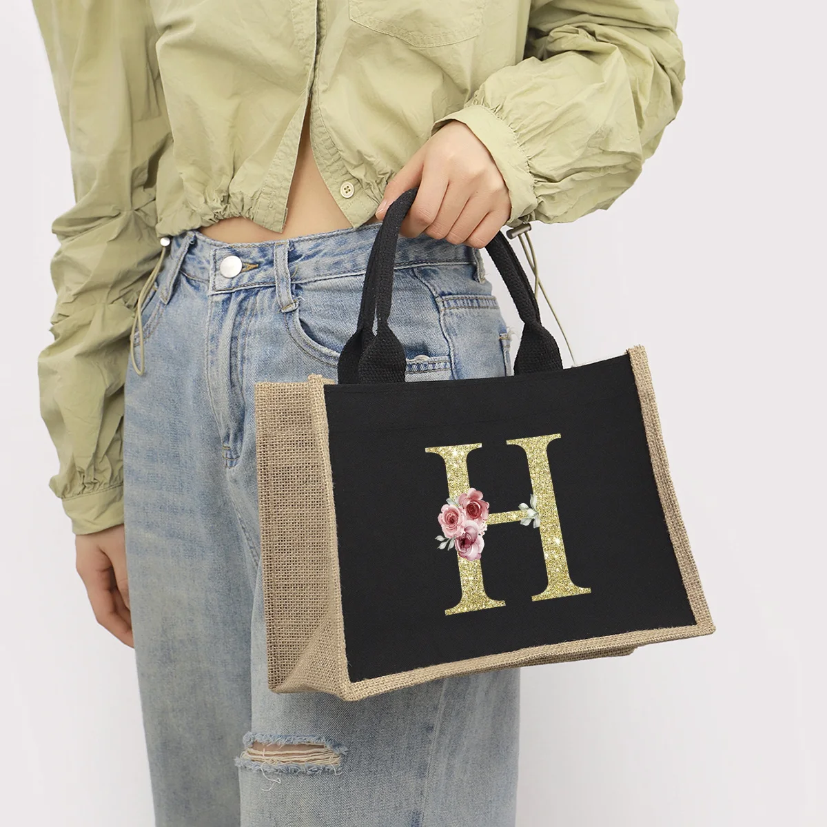 Gold Letter Black Patchwork Linen Canvas Handbag with Waterproof Interior Large Capacity Commuting Bag Organizer Bag