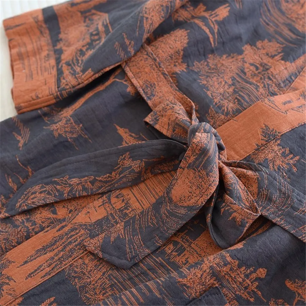 Men's Print Cotton Gauze Cotton Robe Loose Thin Yukata Japanese Kimono Robe V-Neck Bathrobe