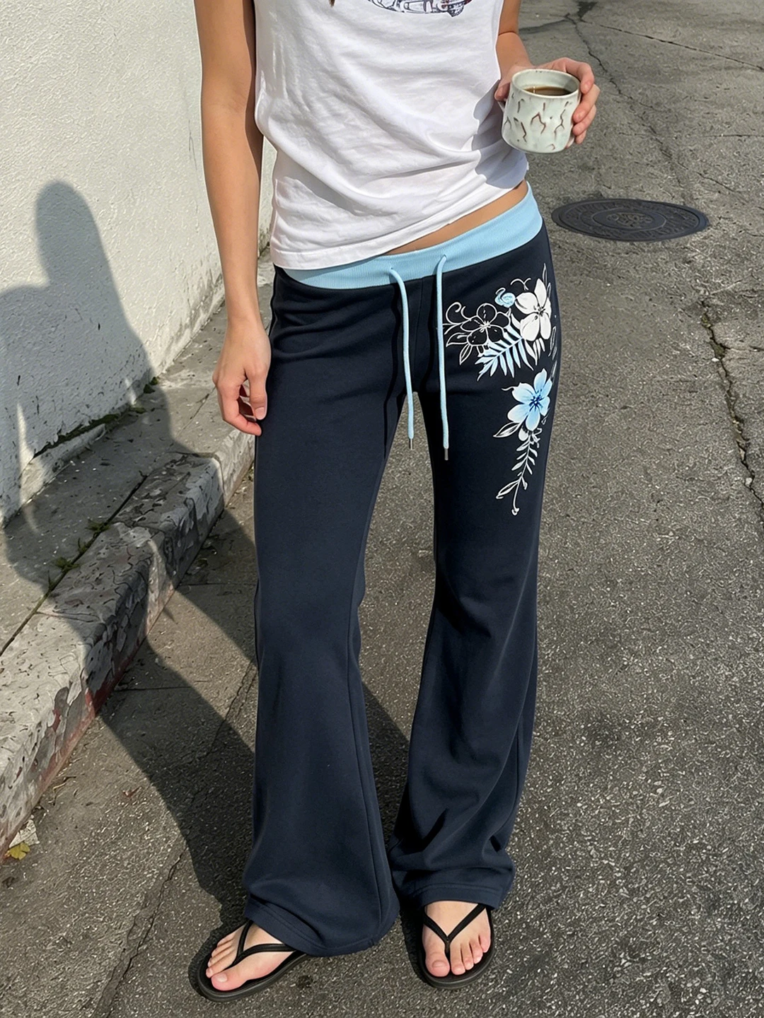Low Waist Floral Print Bell Bottom Sweatpants American Retro Color Block Dragging Floor Hot Girl Pants Casual Plant Pattern