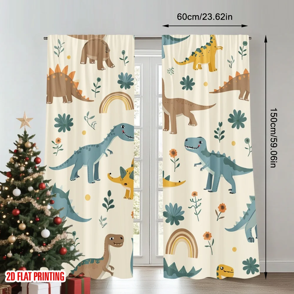 2pcs 2D flat printing Party Curtains Dinosaur Rainbow Tree Digital Printed Polyester Drapes All Season Party & Holiday Decor Use