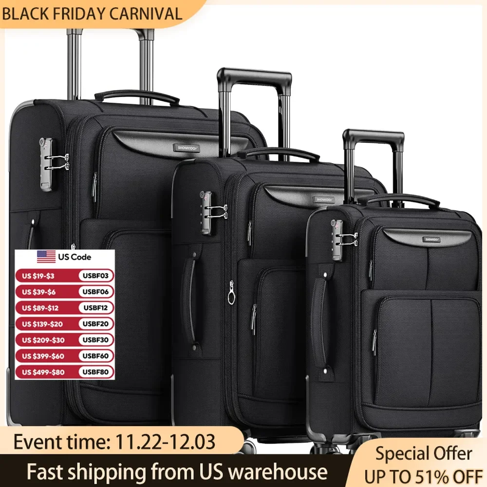 Luggage Sets 3 Piece Softside Expandable Lightweight Durable Suitcase Sets Double Spinner Wheels TSA Lock Black (20in/24in/28in)