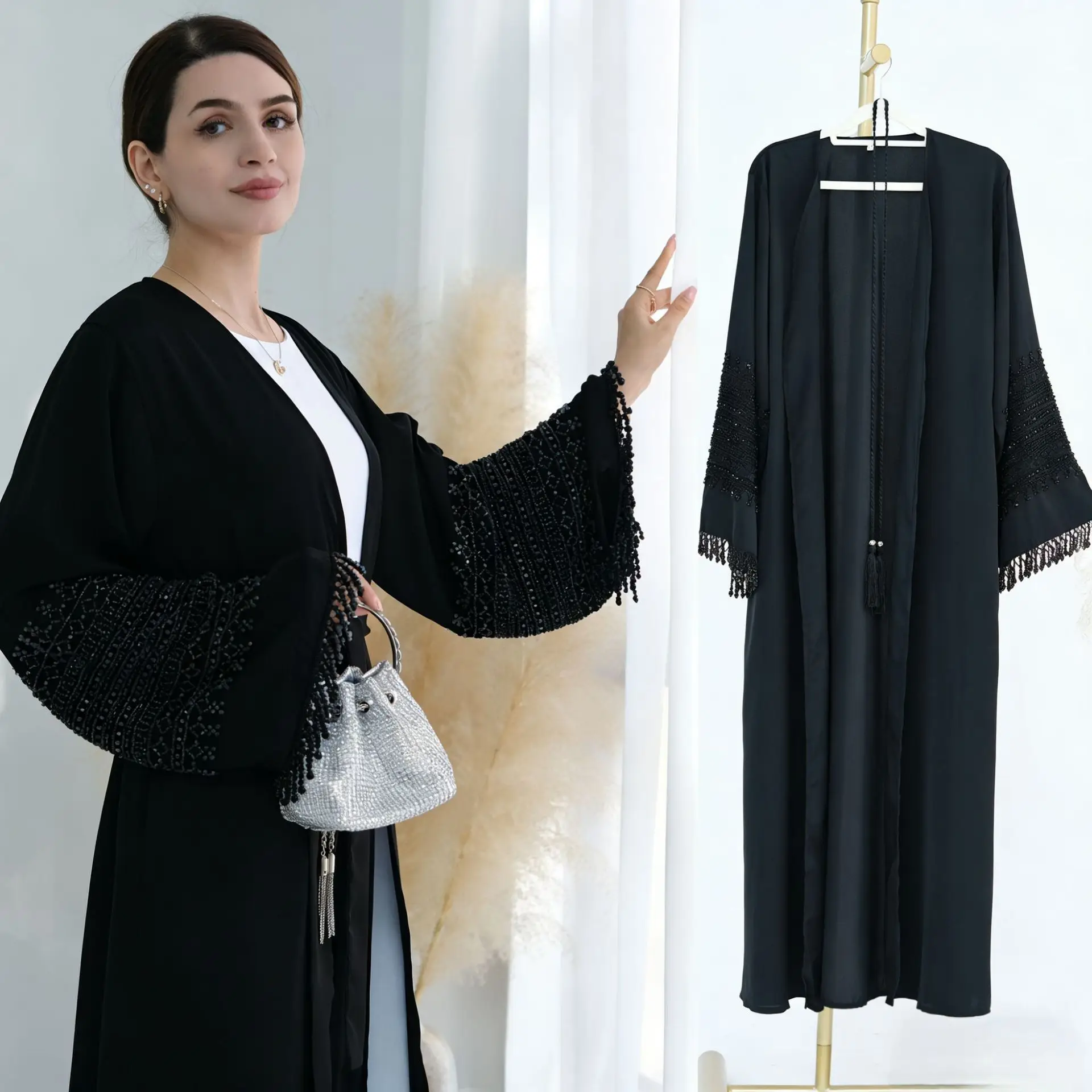 

Dubai Beads Tassels Open Kimono Abbayas for Woman Dress Abayo Abaya Muslim Jalabiya Kaftan Robe Femme Musulmane Kebaya Caftan