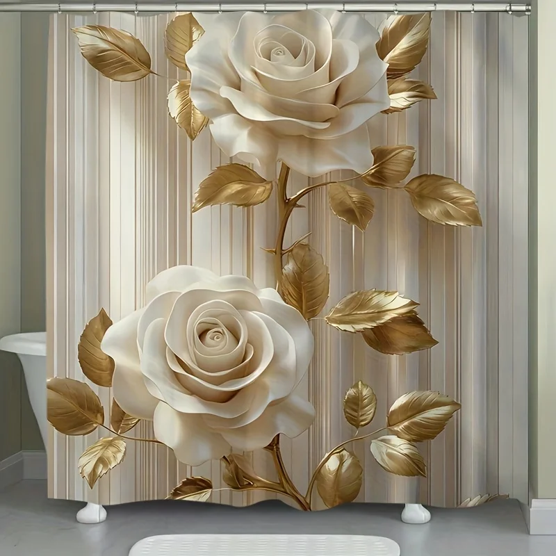 VIKAMA Luxury Rose Shower Curtain Waterproof and Mould-Resistant Shower Curtain Room Divider Curtain Bathroom Decor