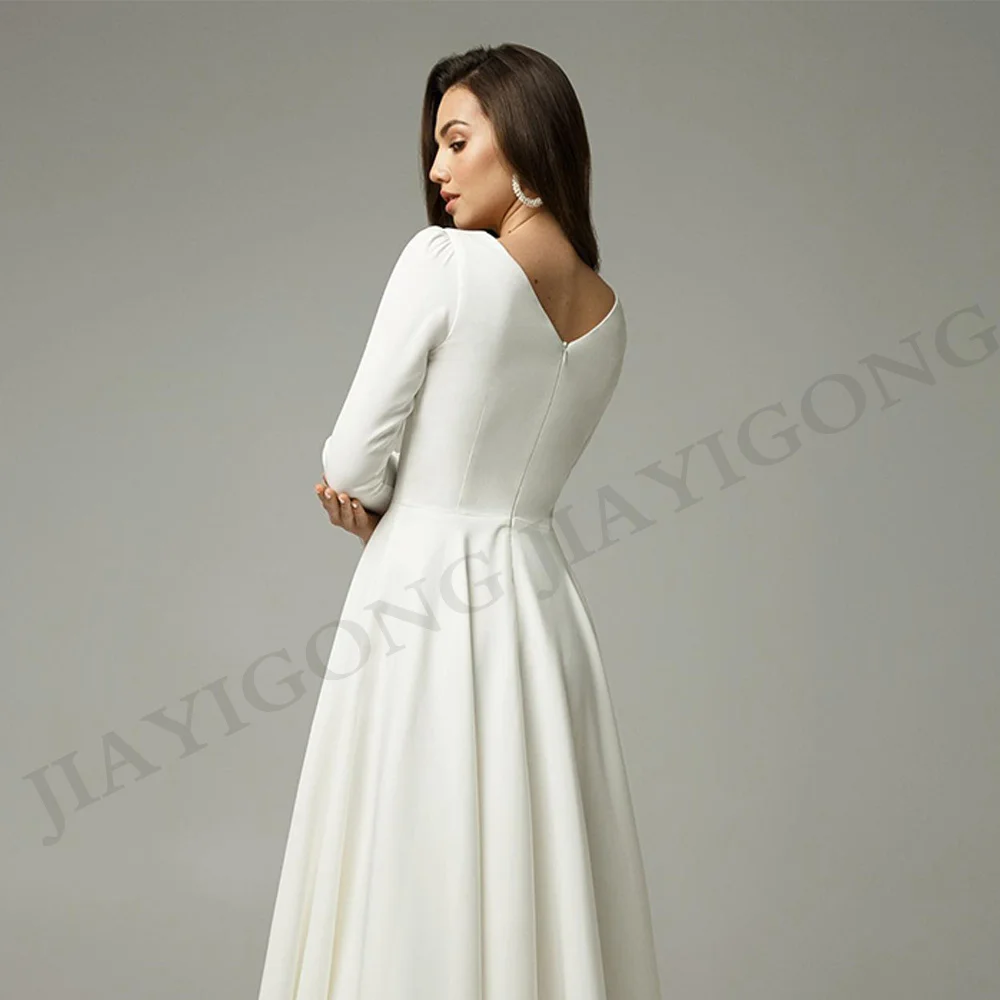 Tea Length Wedding Dress Customized Long Sleeves V Neck Simple Jersey A Line Short Bridal Gown Modest Civil Bride Dresses