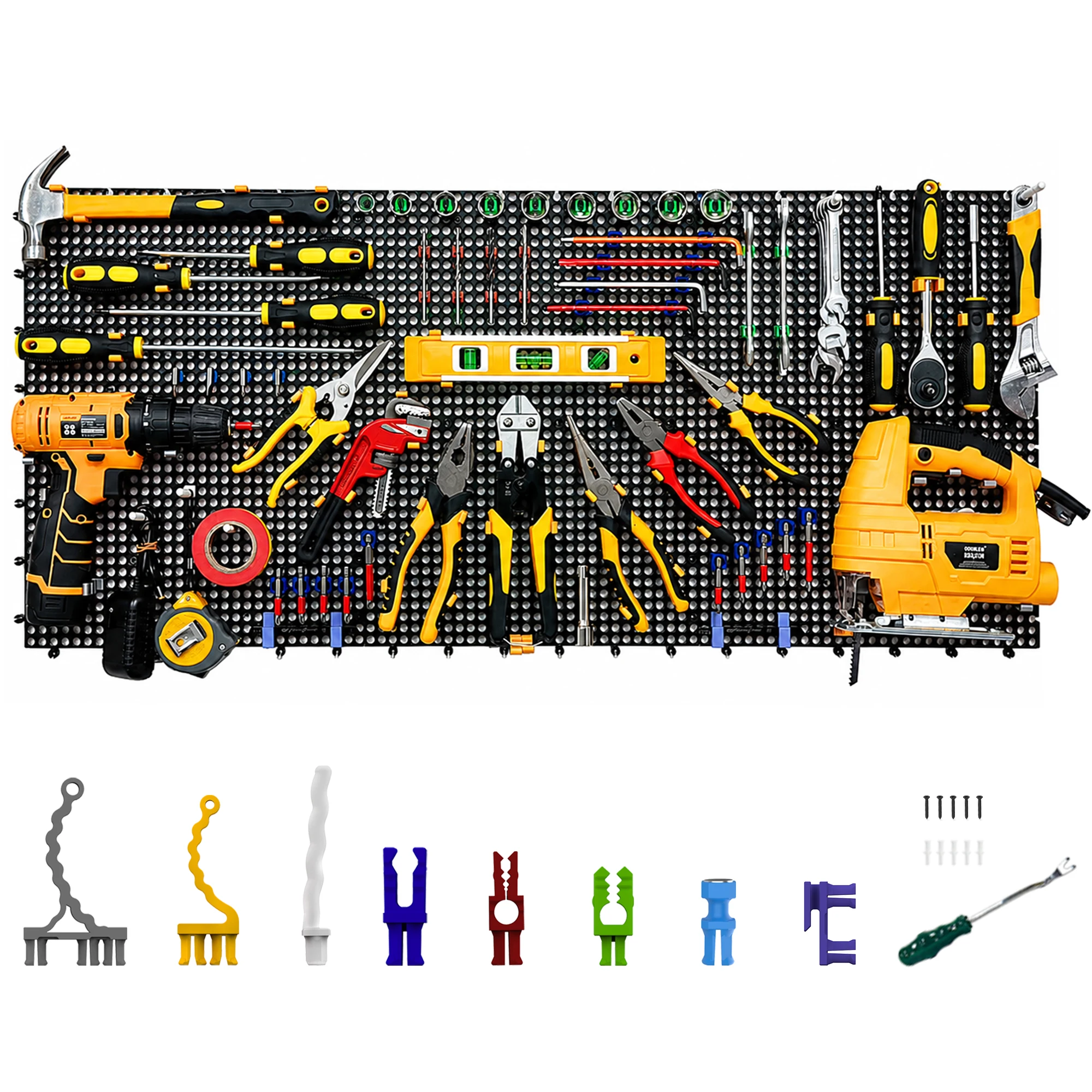 Plastic Pegboard Wall Organizer Kit, 6 Black Panels 41 x 91 cm, 200 Accessories with Hooks, Clips & Holders, Modular Tool Storag