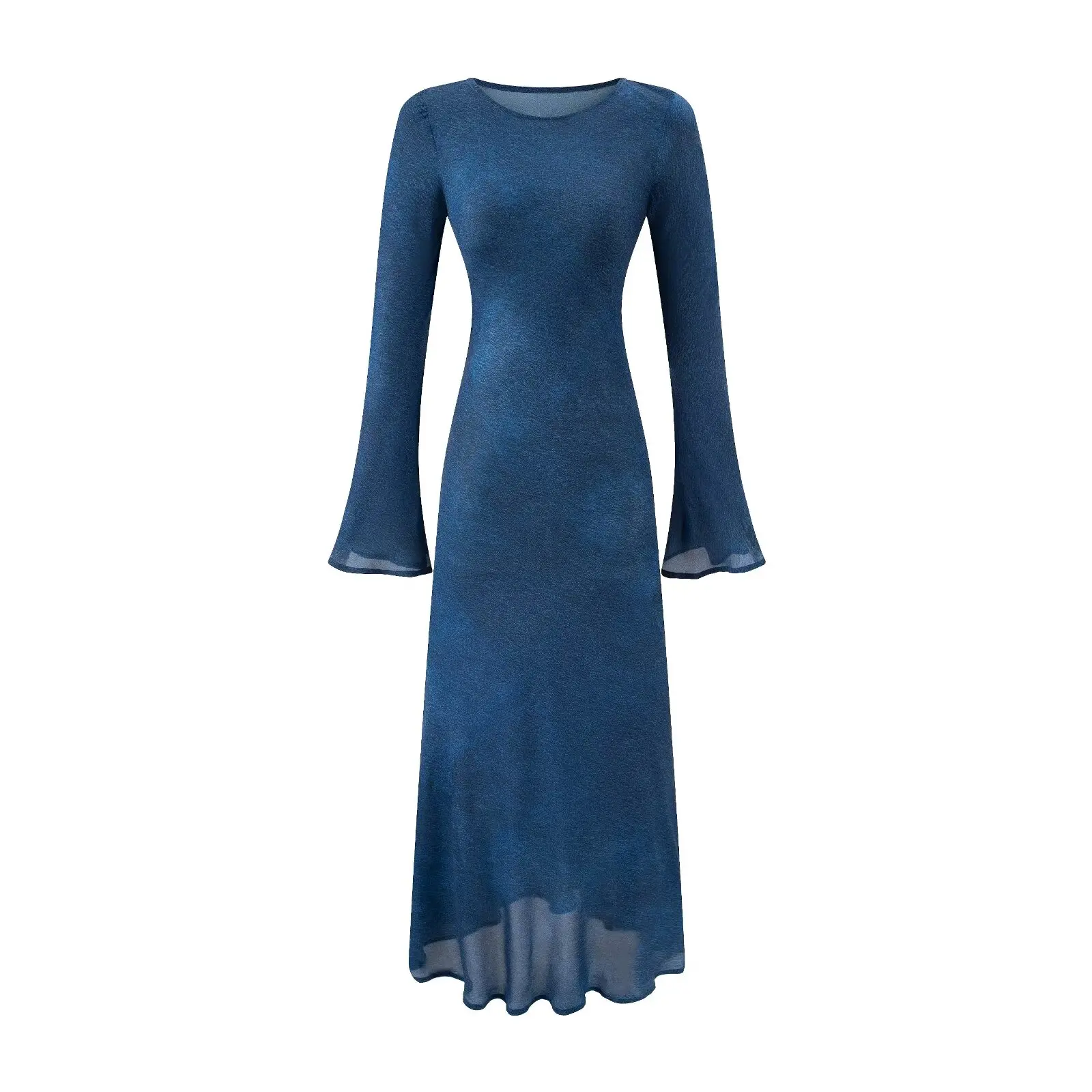 Langes Damenkleid mit ausgestellten Ärmeln, elegantes, florales, gepunktetes, dreifarbiges, schmales Kleid