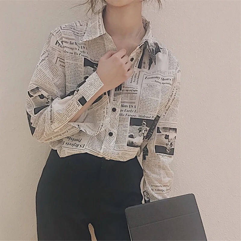 Gidyq Fashion Women Chiffon Shirts Korean Casual Newspaper Print Female Loose Tops Bf Streetwear All Match Shirts