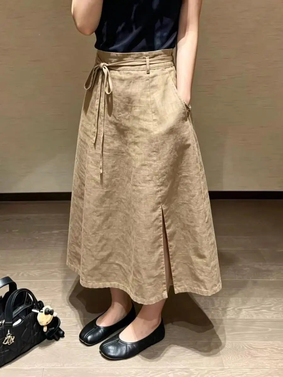 

Khaki Drawstring Asymmetrical Midi Skirt Women's Summer High Waist Versatile A-Line Skirt Commute Style Casual High Waist
