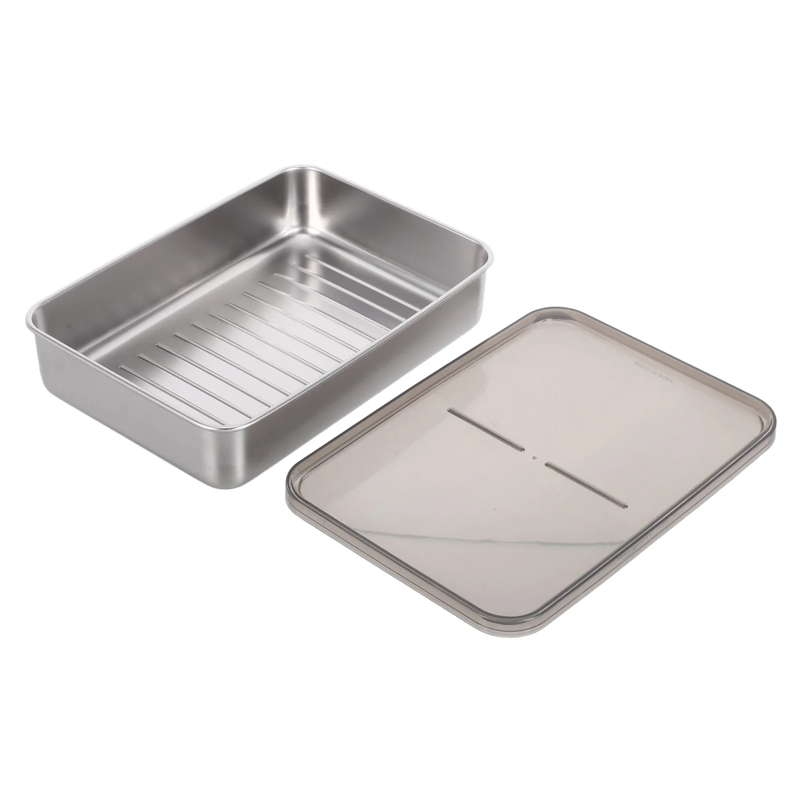 

Stainless Steel Tray with Lid Rectangular Space Saving Design Airtight Freshness Preserver for Kitchen Fridge Freezer Storage