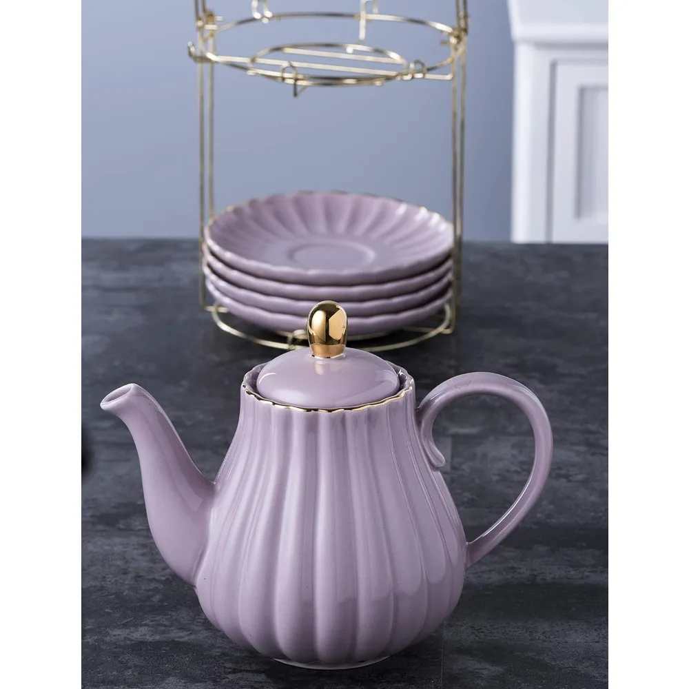 Imagem -04 - Conjuntos de Chá Roxo Fine China Xícara de Café Xícara de Chá Pires Colheres Bule e Creamer Grupo 17 Pcs Grupo 17 Pcs