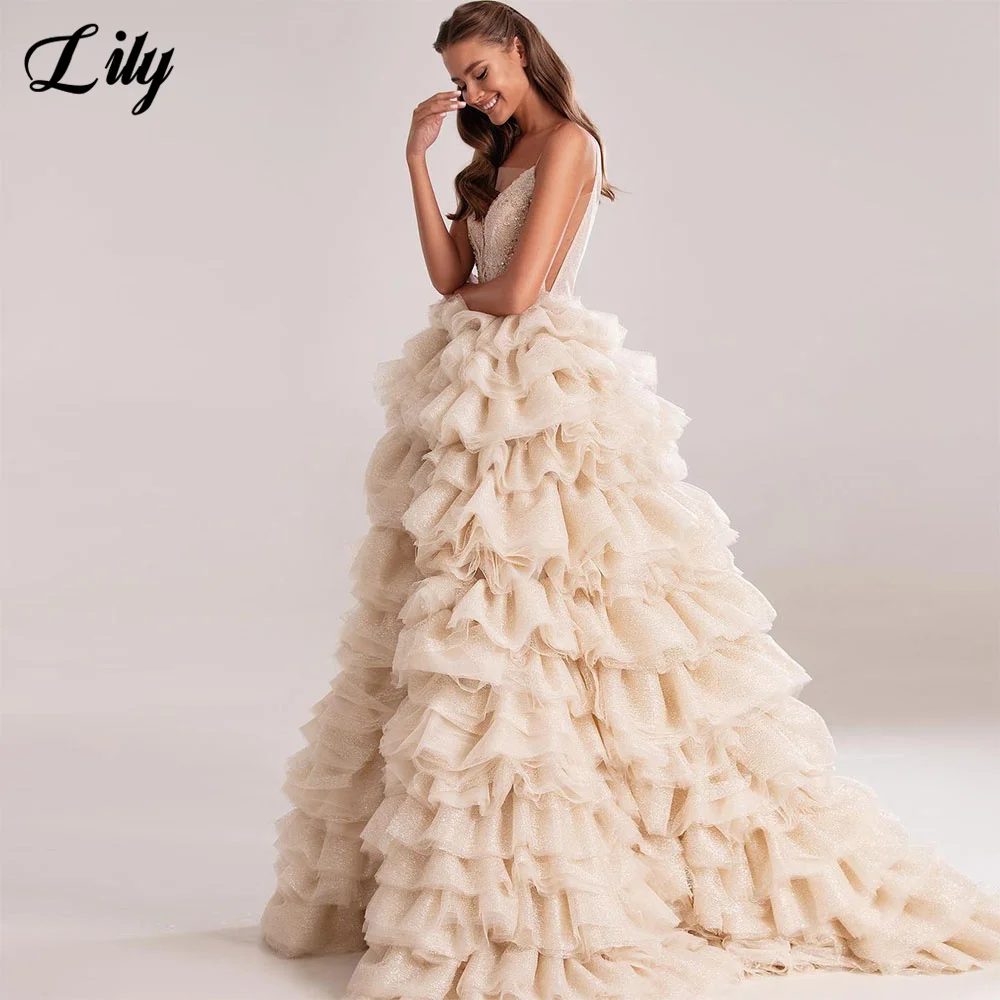 Lily Champagne V Neck Prom Dress Tiered Layer Party Dress Net Celebrity Gown Spaghetti Strap Wedding Party Dress вечерние платья