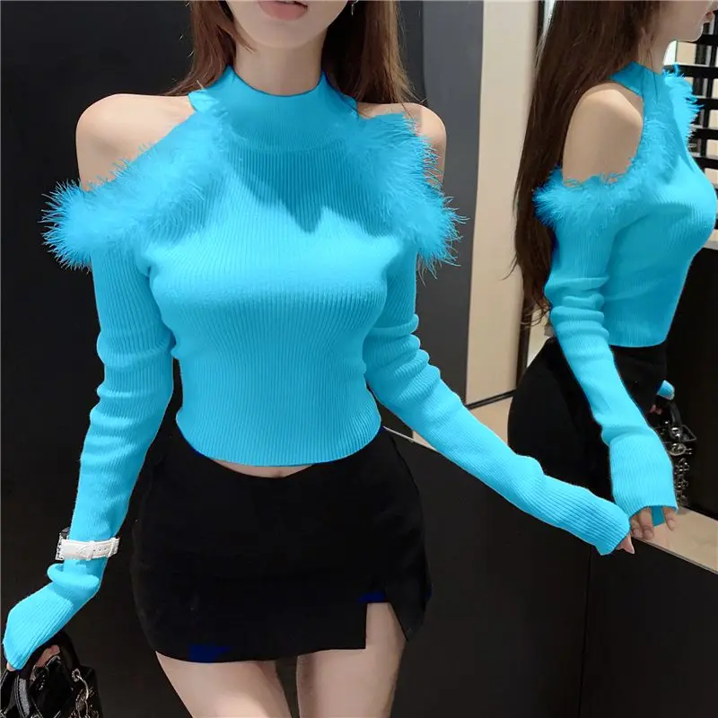 2024 Autumn New Turtleneck Show Shoulder Splicing Sweater Knitted Pullover Women's Long-sleeved Inner Wear Chic Top