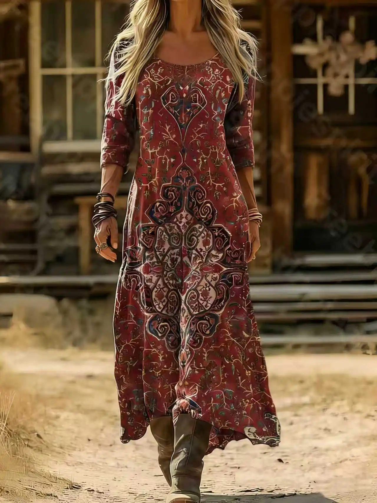 Women's Spring and Autumn Long Sleeve Elegant Retro Ethnic Style Red Totem Art Print Long Dress - Machine Washable