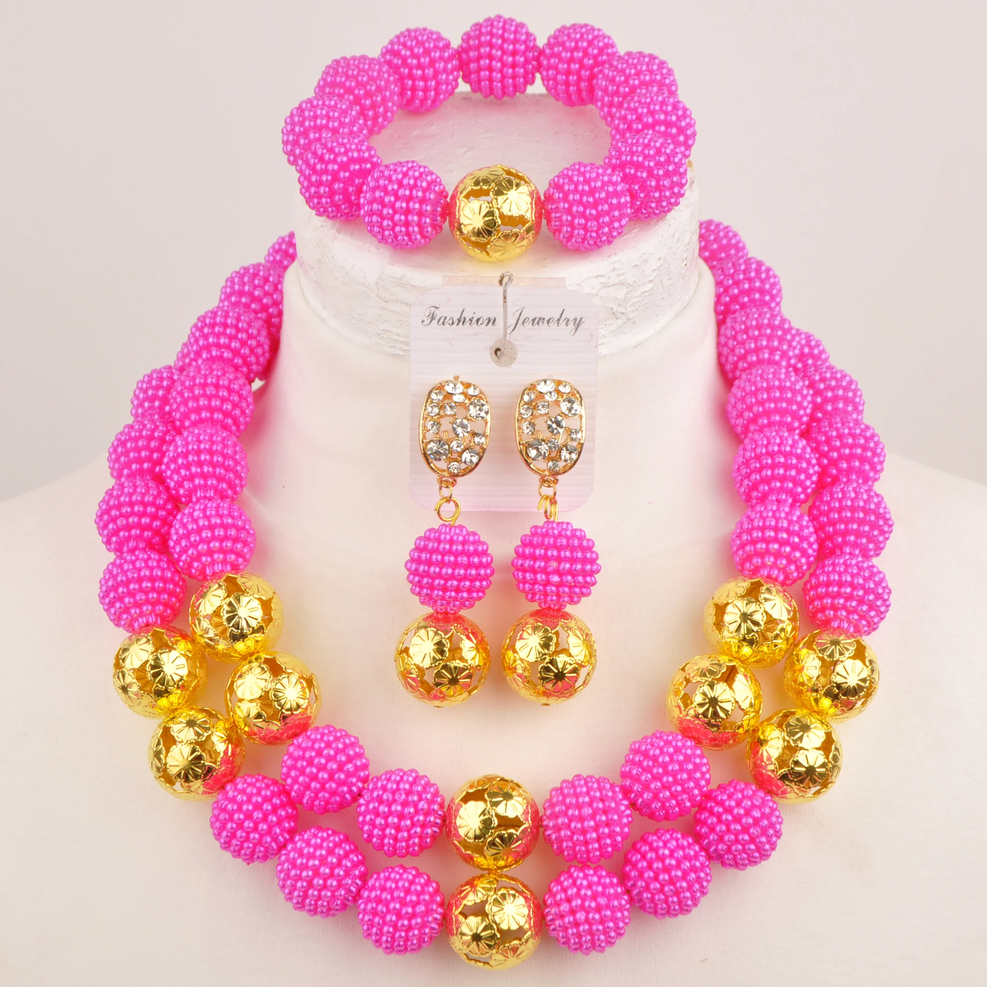 Fuchsia Pink Nigerian traditional wedding couple jewelry imitation pearl jewelry set