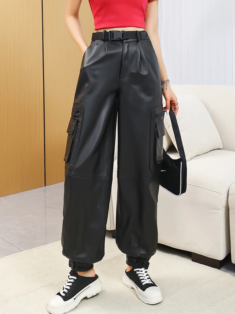 2024 Spring Autumn Korean Style Chic Women's High Quality Casual Genuine Leather Pants C615