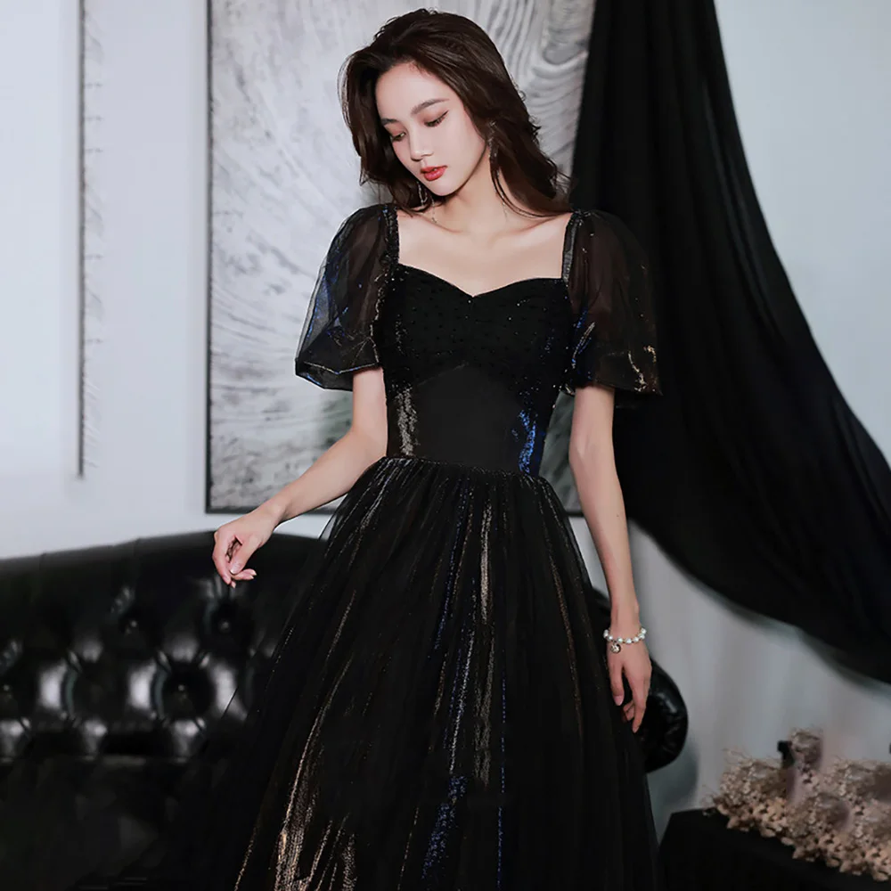 Black Evening Dresses with Puffy Sleeve Floor Length Pleated Tulle Special Occassion Gowns Backless Square Neck abendkleid