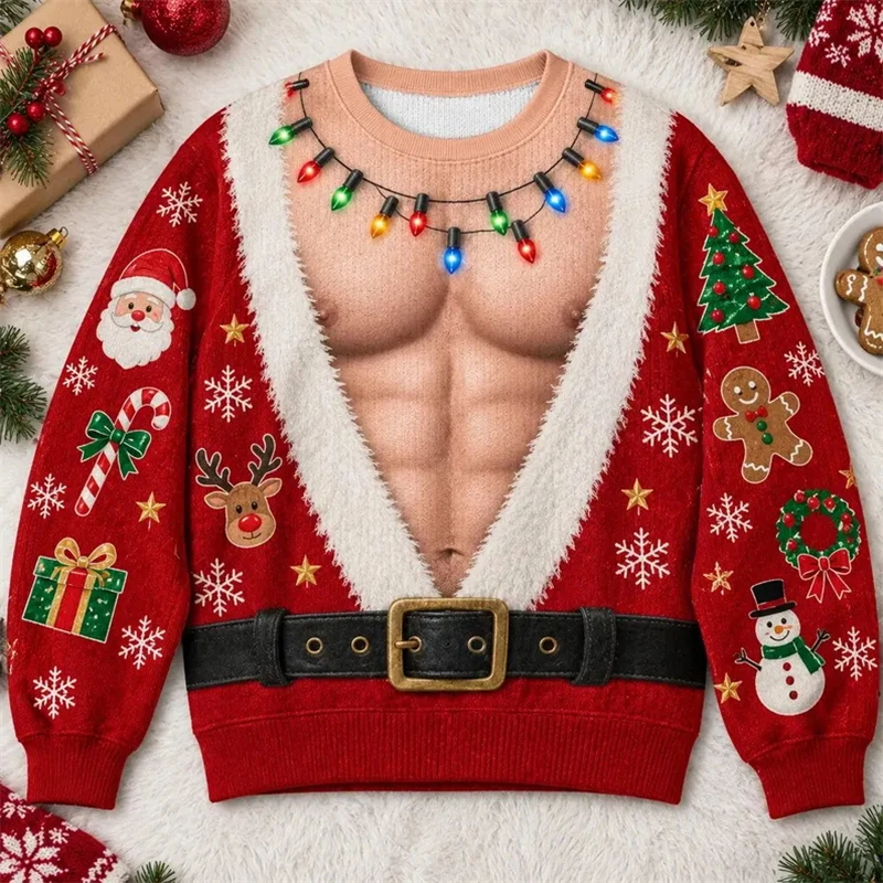 Lustiges Weihnachtsshirt mit Muskel-Weihnachtsmann-Motiv, 3D-Druck, hässlicher Pullover, Rundhalsausschnitt, lange Ärmel, Festtagskostüm, Herren- und Damen-Geschenk. – Detail 2