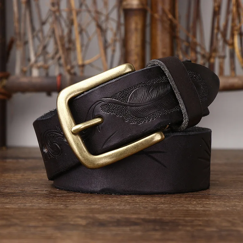 3.8cm Men's Bohemian Style Retro Belt Genuine Leather Top Layer Cowhide Belt Personalized Carved Jeans Belt