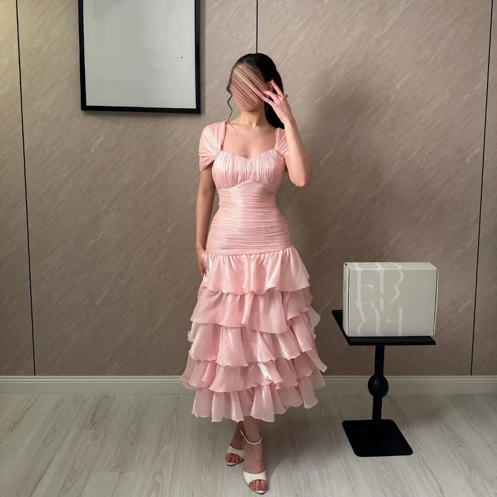 

Customized Pink High Quality Organza Pleat Ruched Tiered A-line Off-the-shoulder Ankle Length Dresses Evening Dresses Sexy